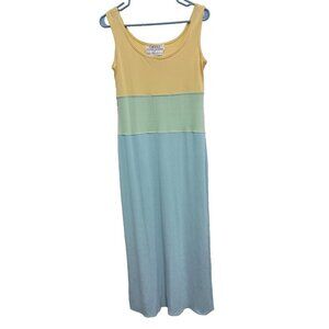 VTG Chetta B Womens Maxi Dress Size 6 Yellow Blue Colorblock Slinky Sleeveless